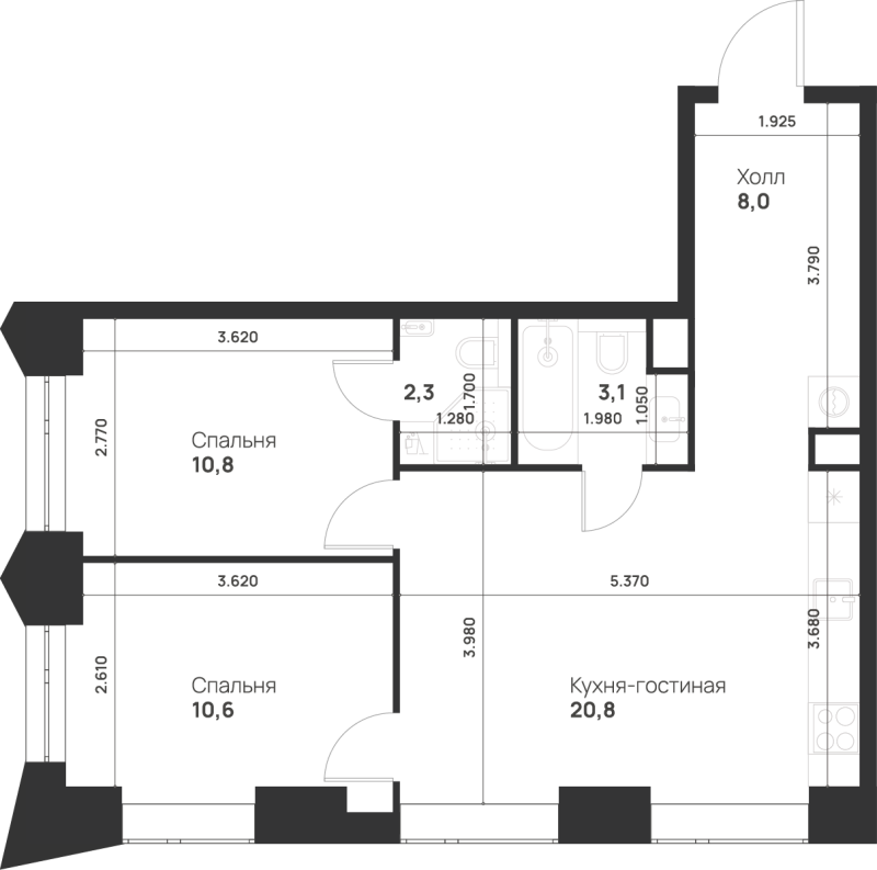 3 ккв (Евро) 55,6 м²