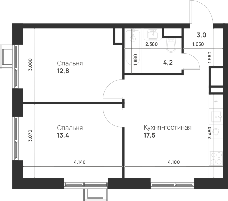 3 ккв (Евро) 50,9 м²