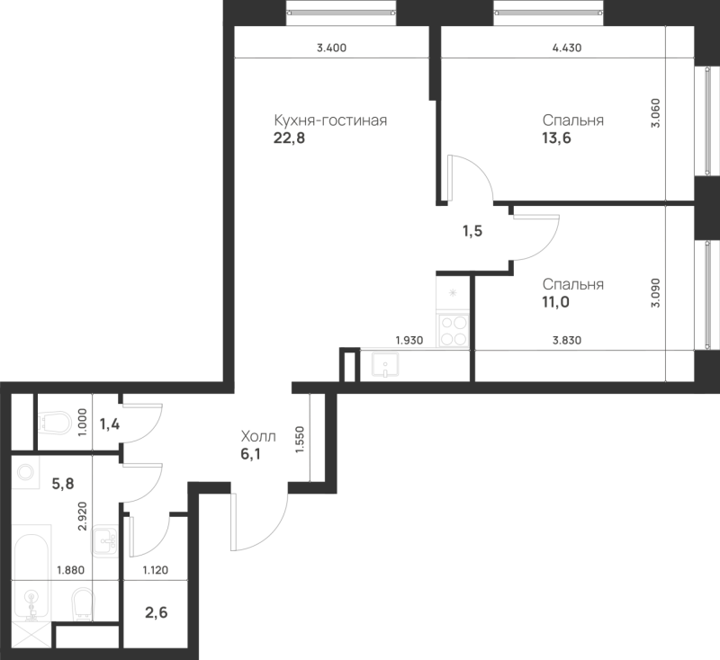 3 ккв (Евро) 64,8 м²