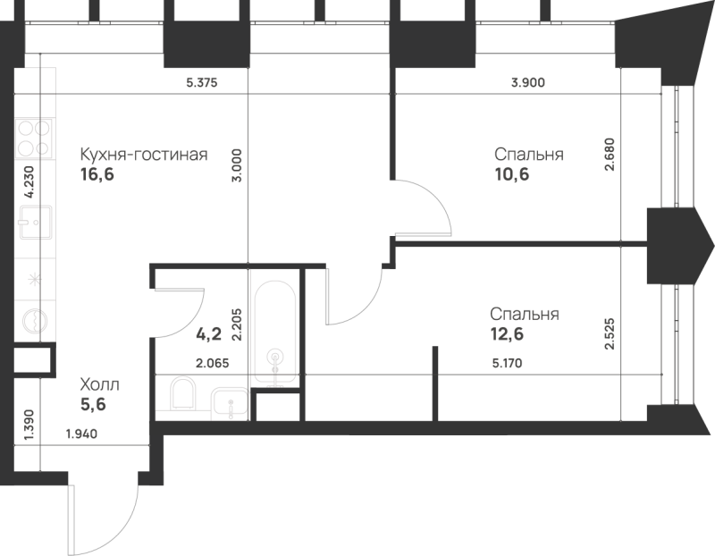 3 ккв (Евро) 49,6 м²