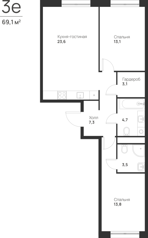3 ккв (Евро) 69,1 м²