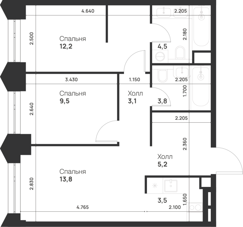 3 ккв (Евро) 55,6 м²