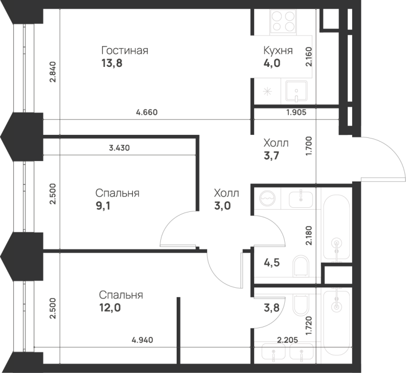3 ккв (Евро) 53,9 м²