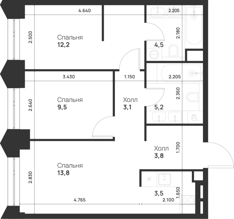 3 ккв (Евро) 55,6 м²