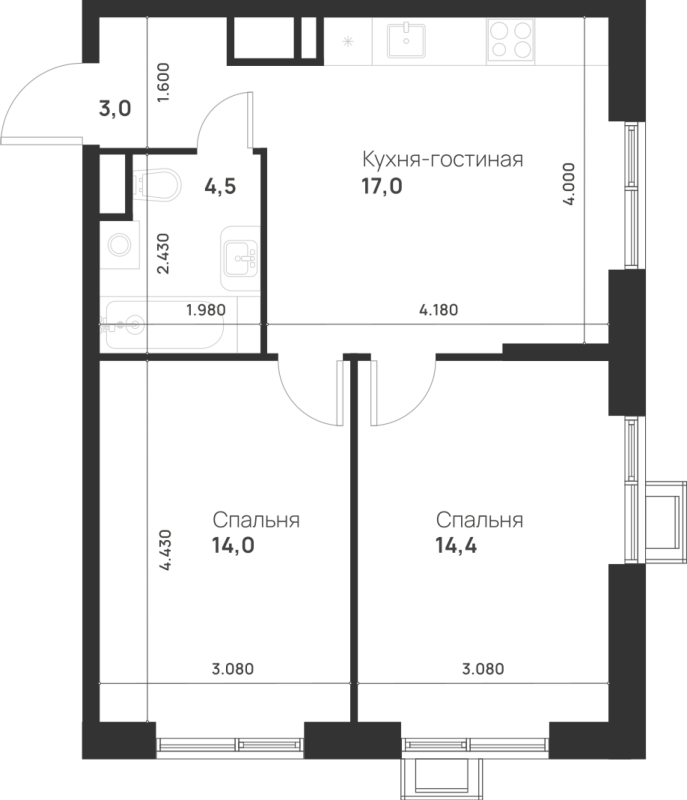 3 ккв (Евро) 52,9 м²