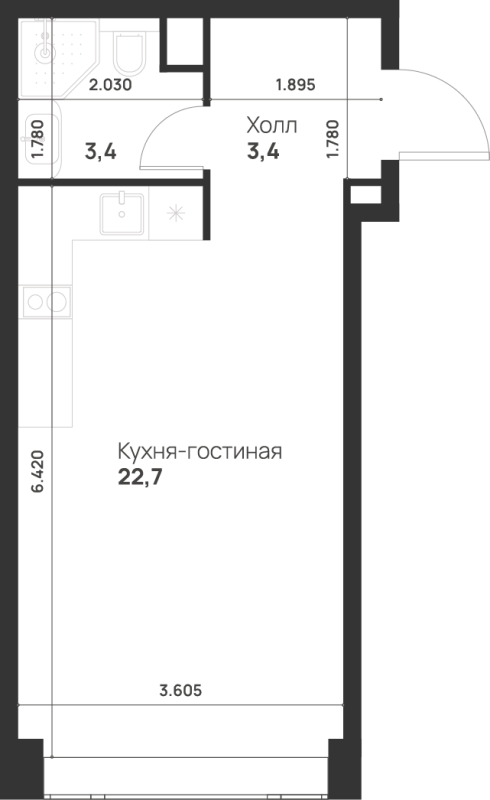 Студия 29,5 м²