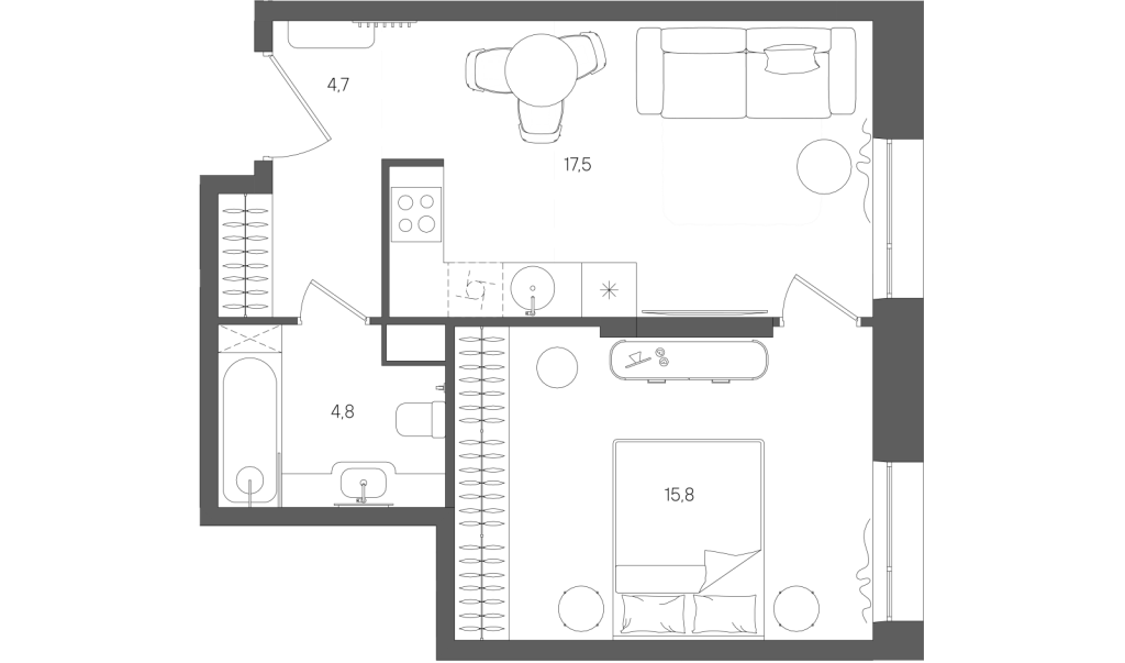 2 ккв (Евро) 42,8 м²