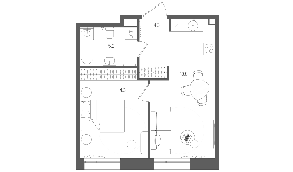 2 ккв (Евро) 42,7 м²