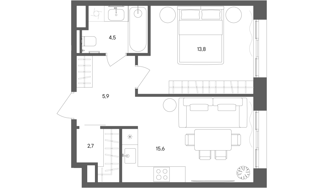 2 ккв (Евро) 42,5 м²