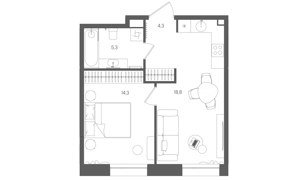 2 ккв (Евро) 42,7 м²