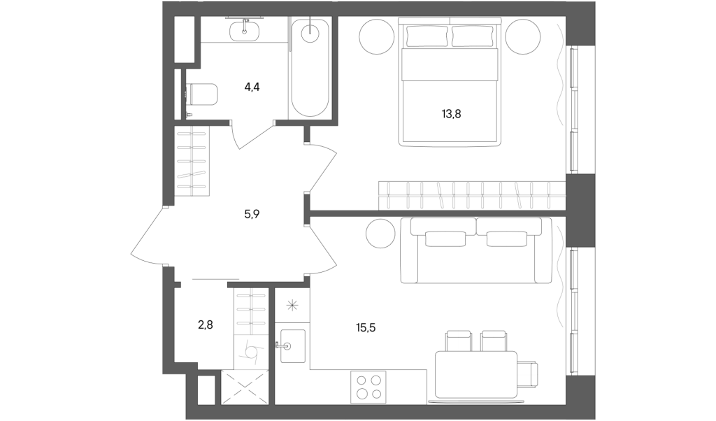 2 ккв (Евро) 42,4 м²