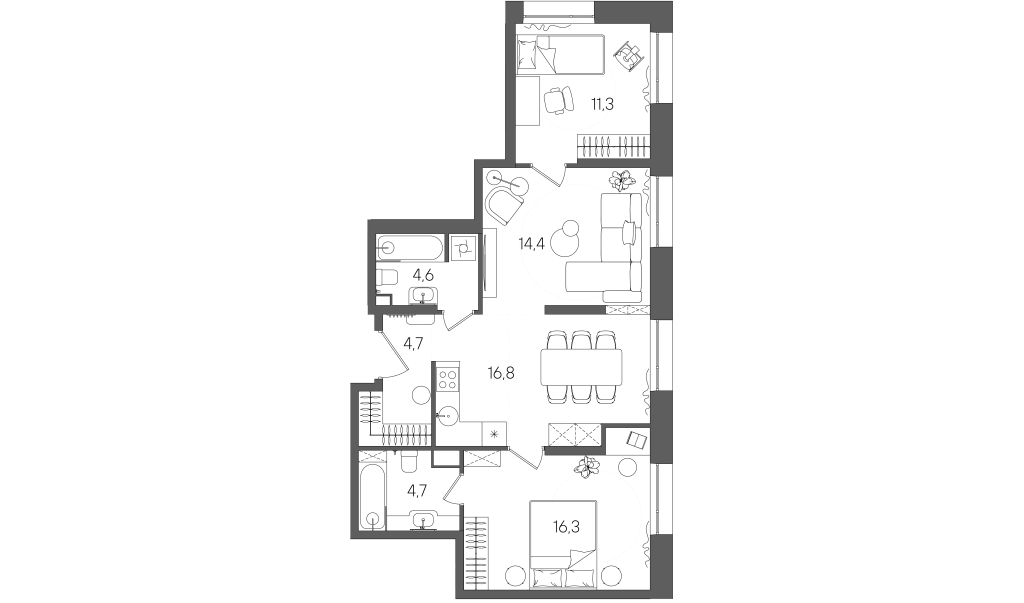 3 ккв (Евро) 72,9 м²
