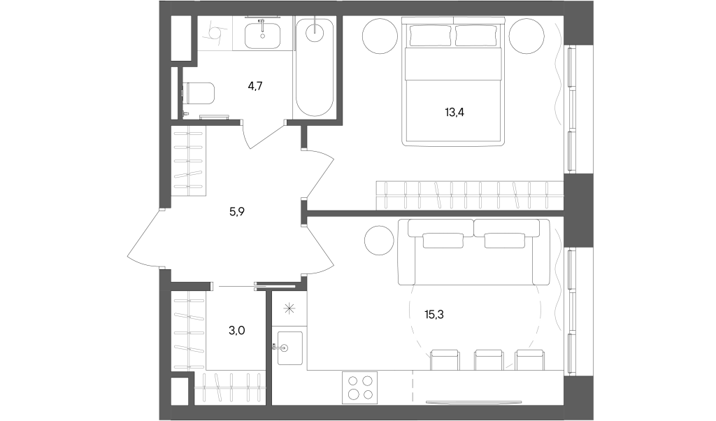 2 ккв (Евро) 42,3 м²