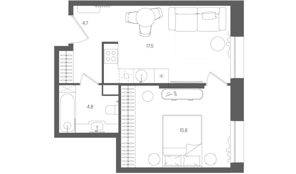 2 ккв (Евро) 42,8 м²