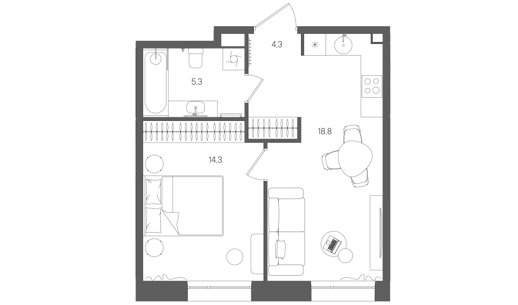 2 ккв (Евро) 42,7 м²