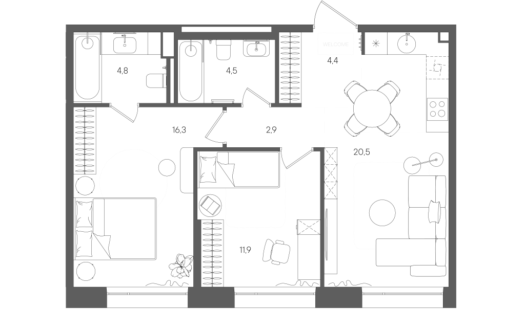 3 ккв (Евро) 65,3 м²