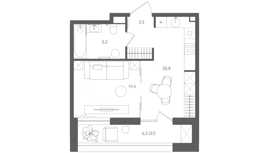Студия 37,5 м²