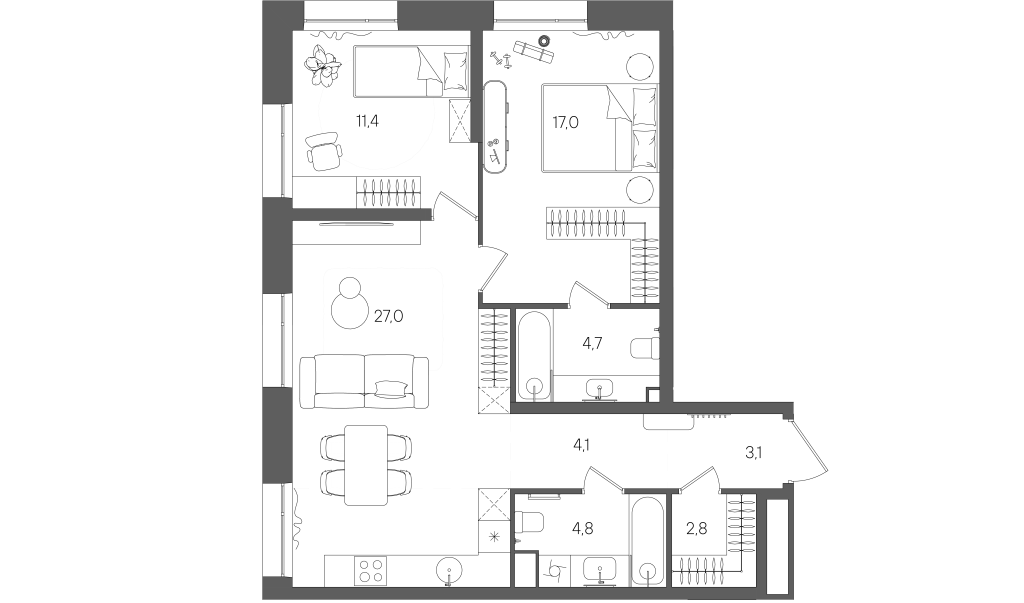 3 ккв (Евро) 75 м²