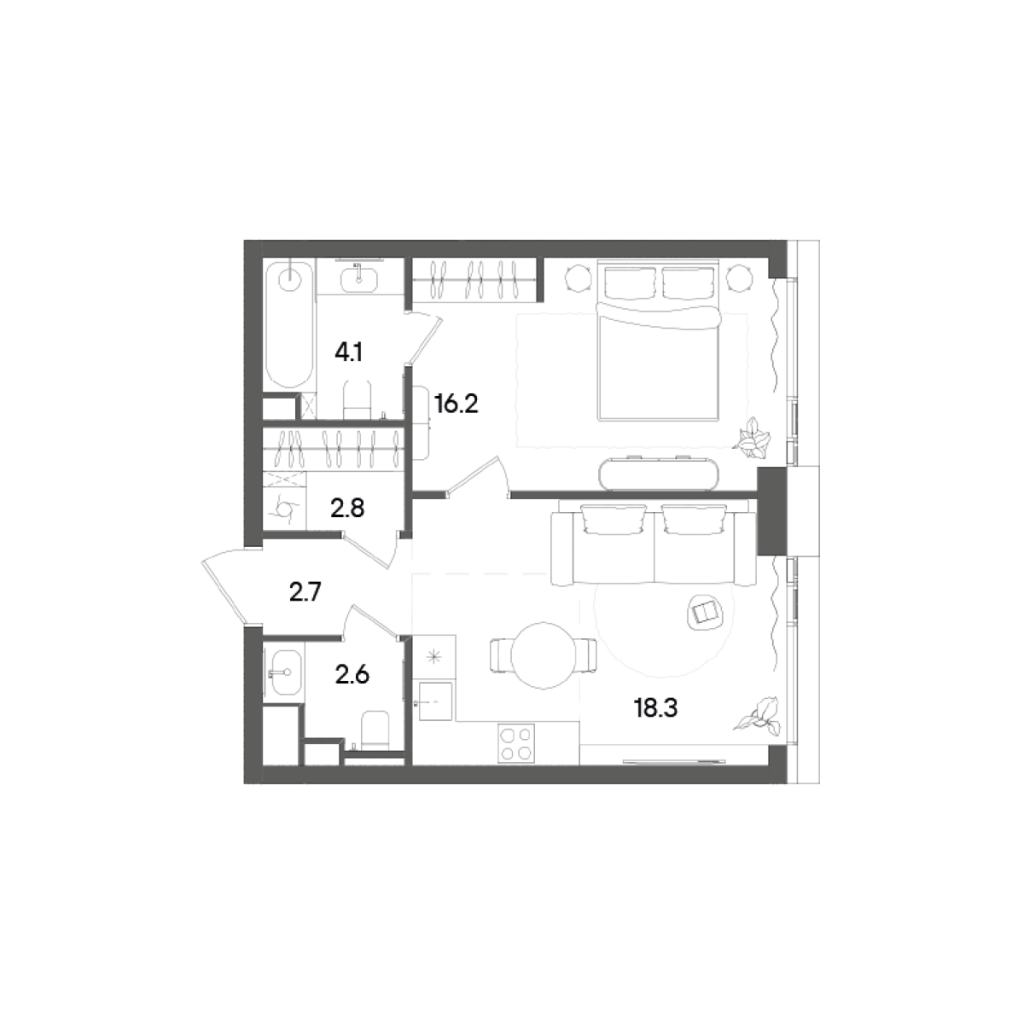 2 ккв (Евро) 44,8 м²
