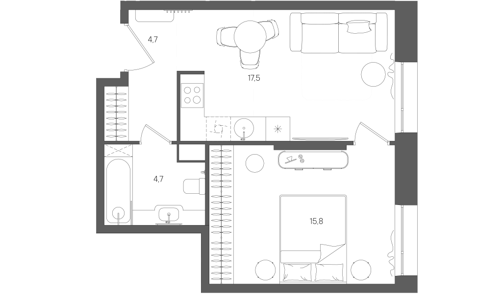 2 ккв (Евро) 42,8 м²