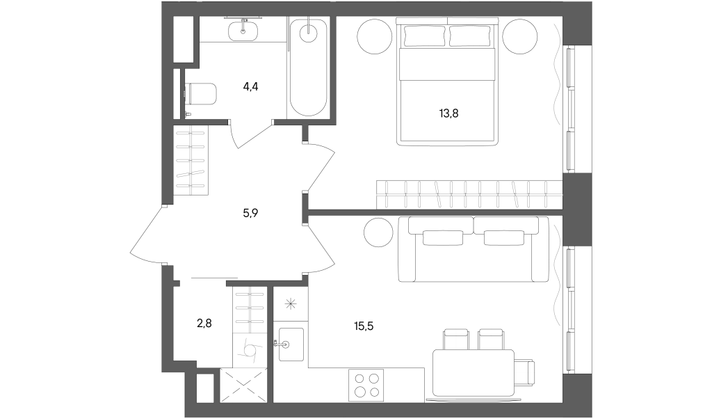2 ккв (Евро) 42,4 м²
