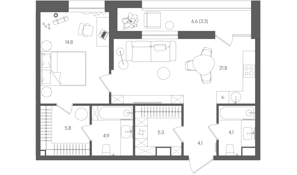 2 ккв (Евро) 64,4 м²