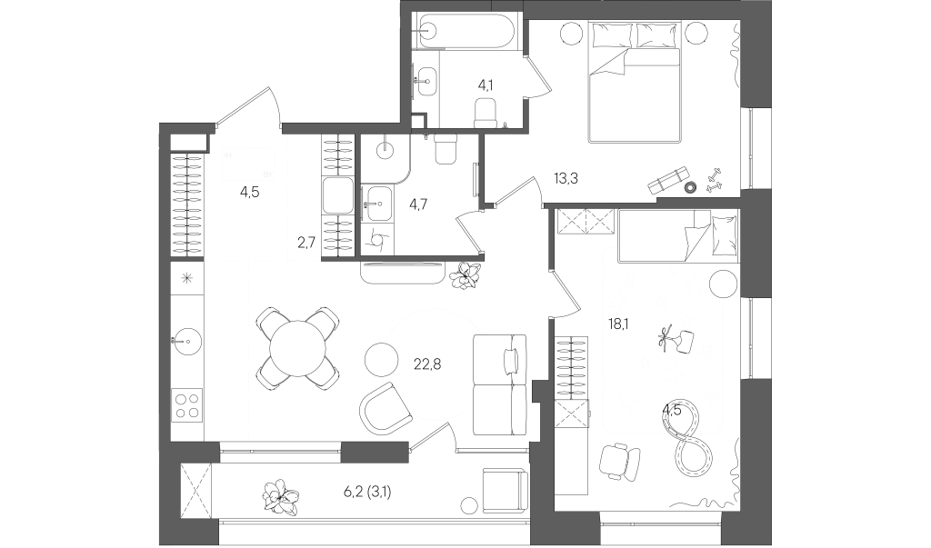 3 ккв (Евро) 73,3 м²