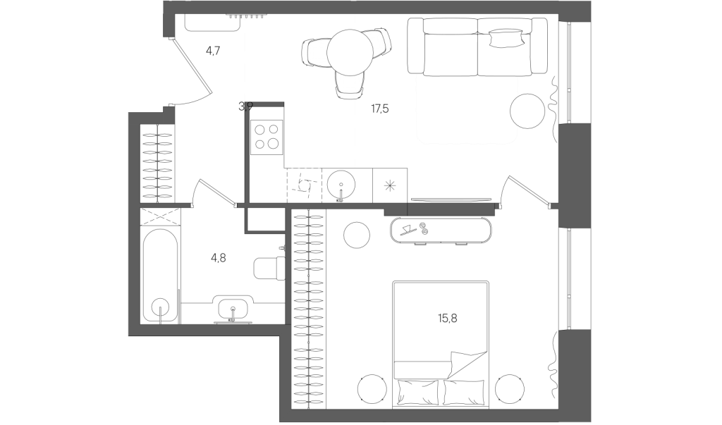 2 ккв (Евро) 42,8 м²