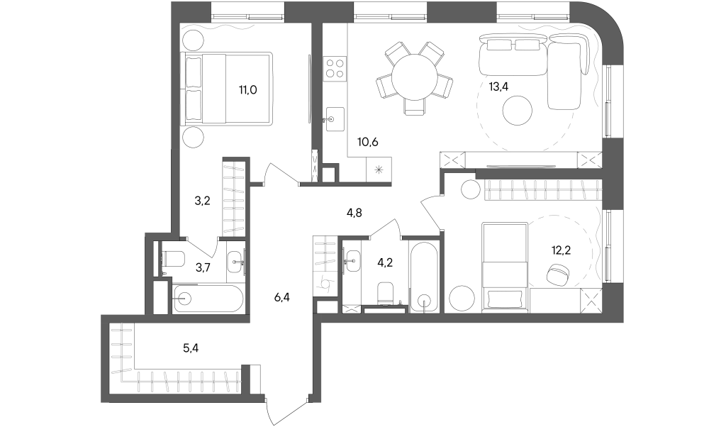 3 ккв (Евро) 74,9 м²