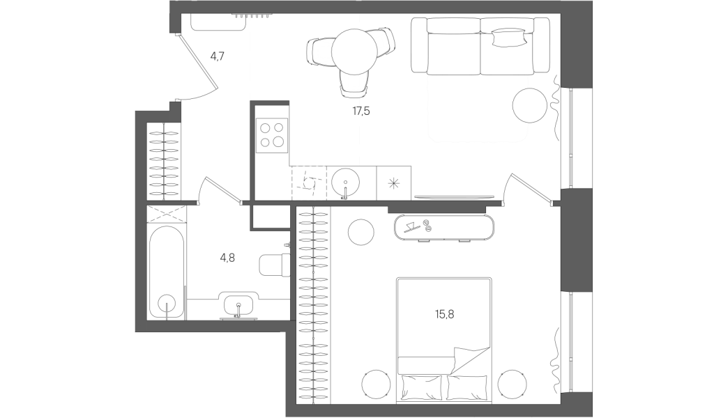 2 ккв (Евро) 42,8 м²