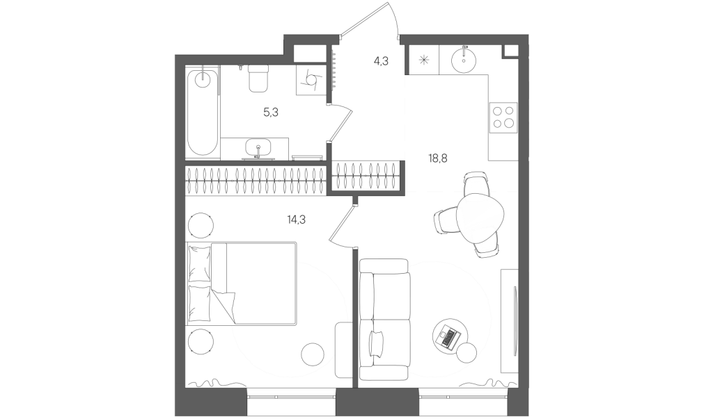 2 ккв (Евро) 42,7 м²