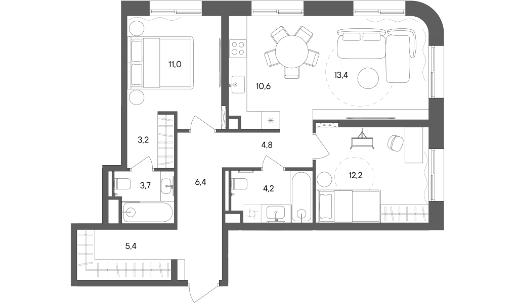 3 ккв (Евро) 74,9 м²