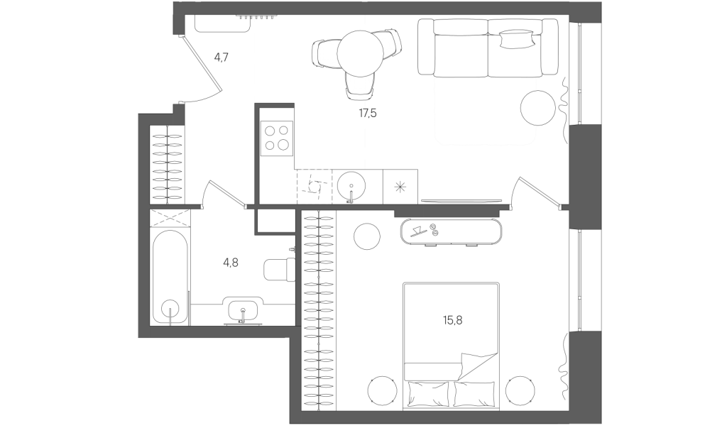 2 ккв (Евро) 42,8 м²