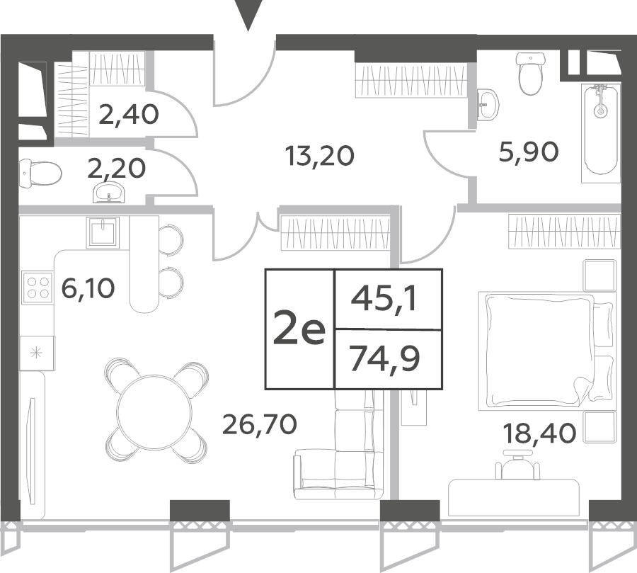 2 ккв (Евро) 74,9 м²