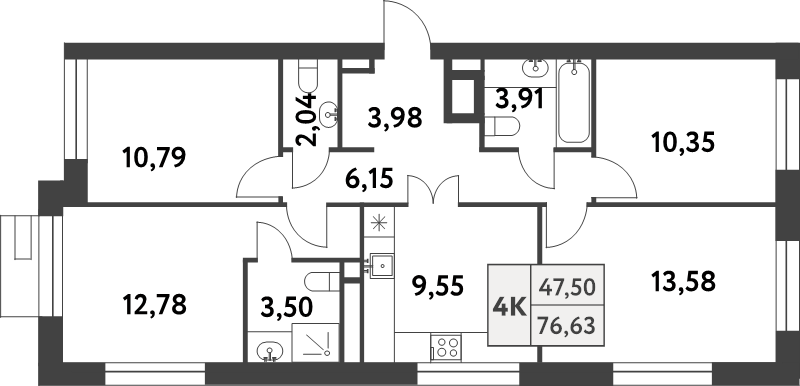 4 ккв 76,6 м²