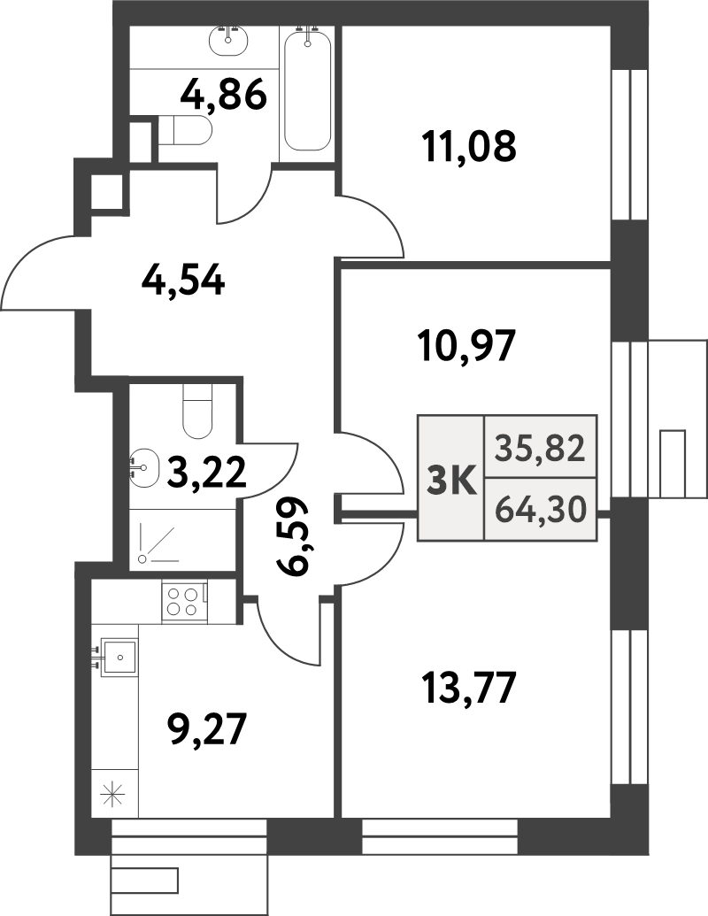 3 ккв 64,3 м²