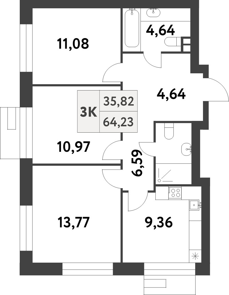 3 ккв 64,2 м²