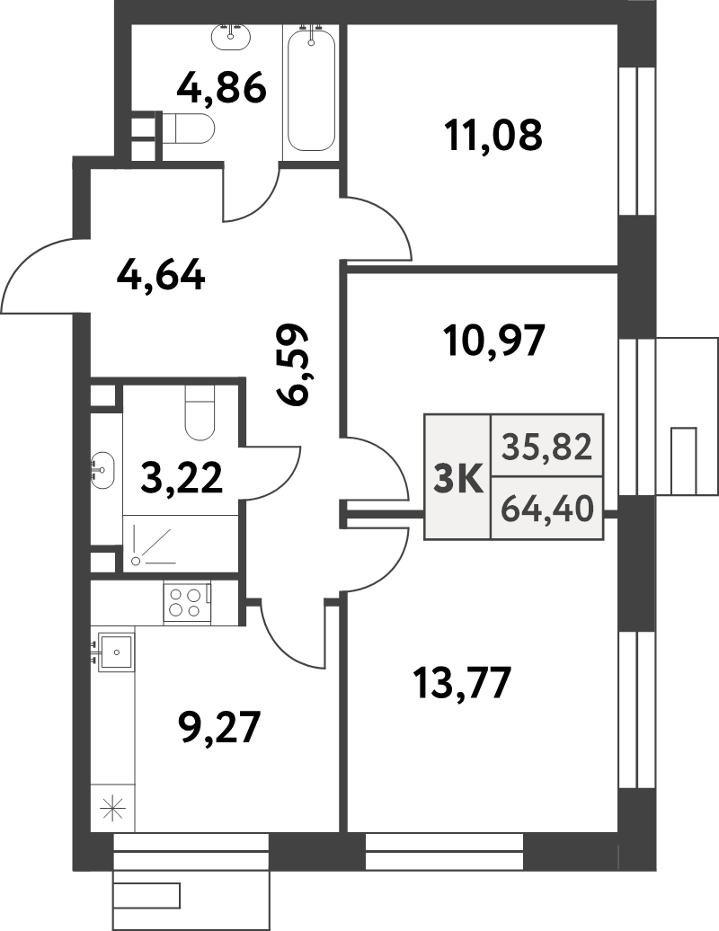 3 ккв 64,4 м²