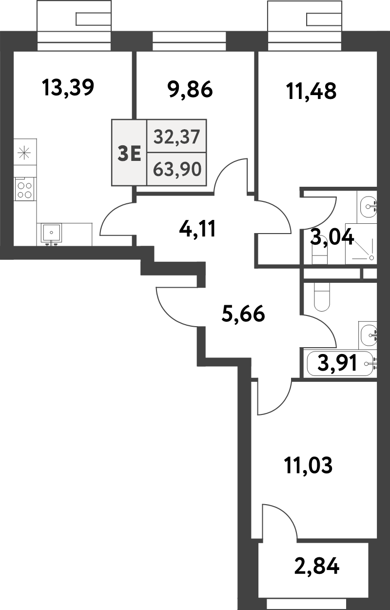 3 ккв 63,9 м²