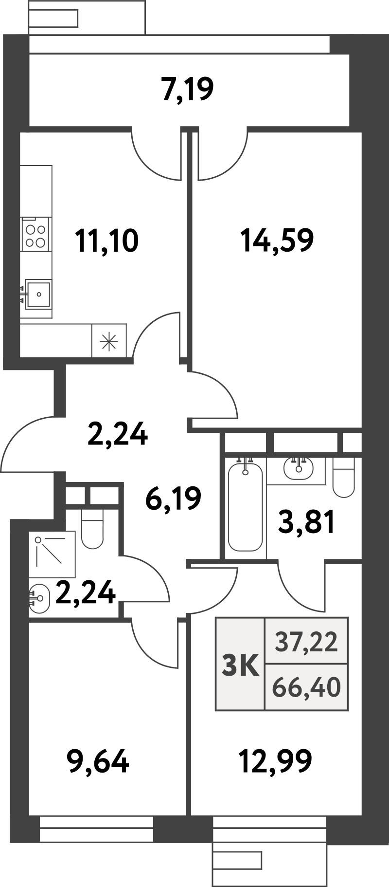 3 ккв 66,4 м²