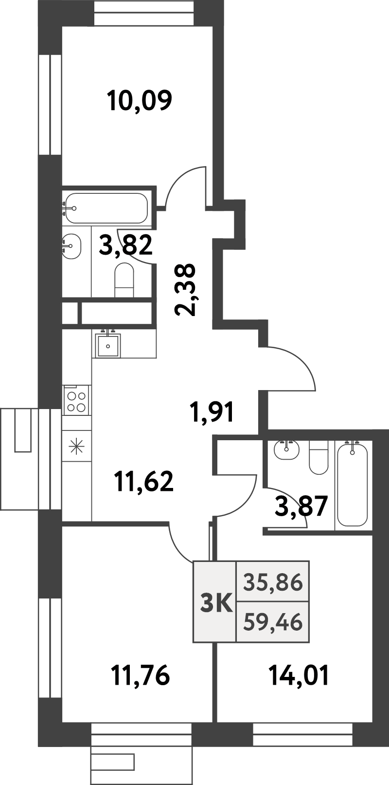 3 ккв 59,4 м²