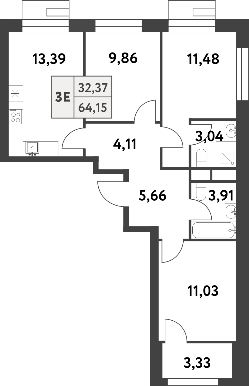 3 ккв 64,1 м²