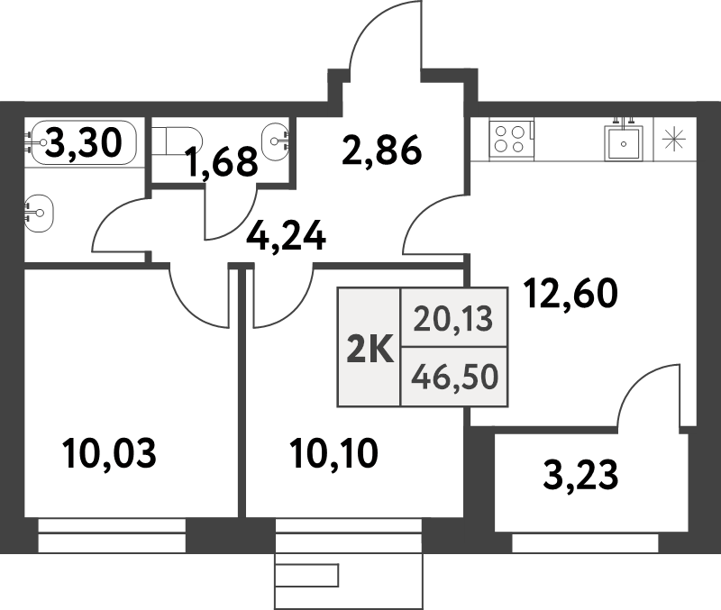 2 ккв 46,5 м²