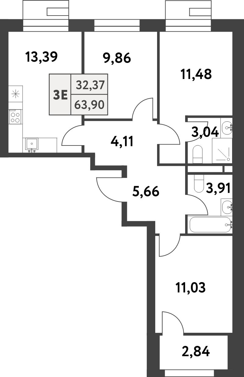 3 ккв 63,9 м²