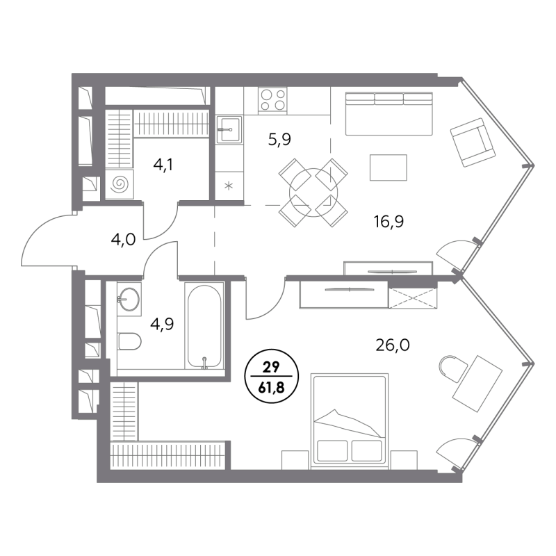 2 ккв (Евро) 61,8 м²