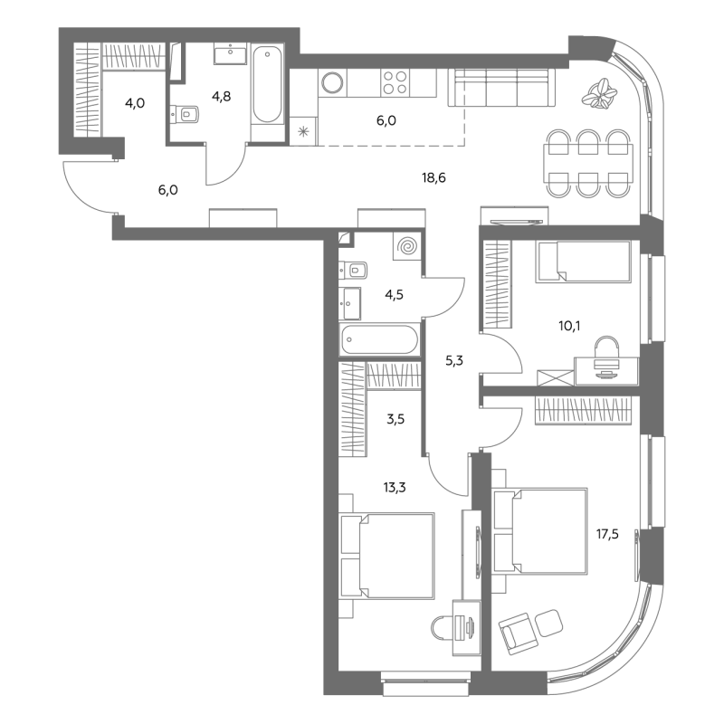 4 ккв (Евро) 93,9 м²