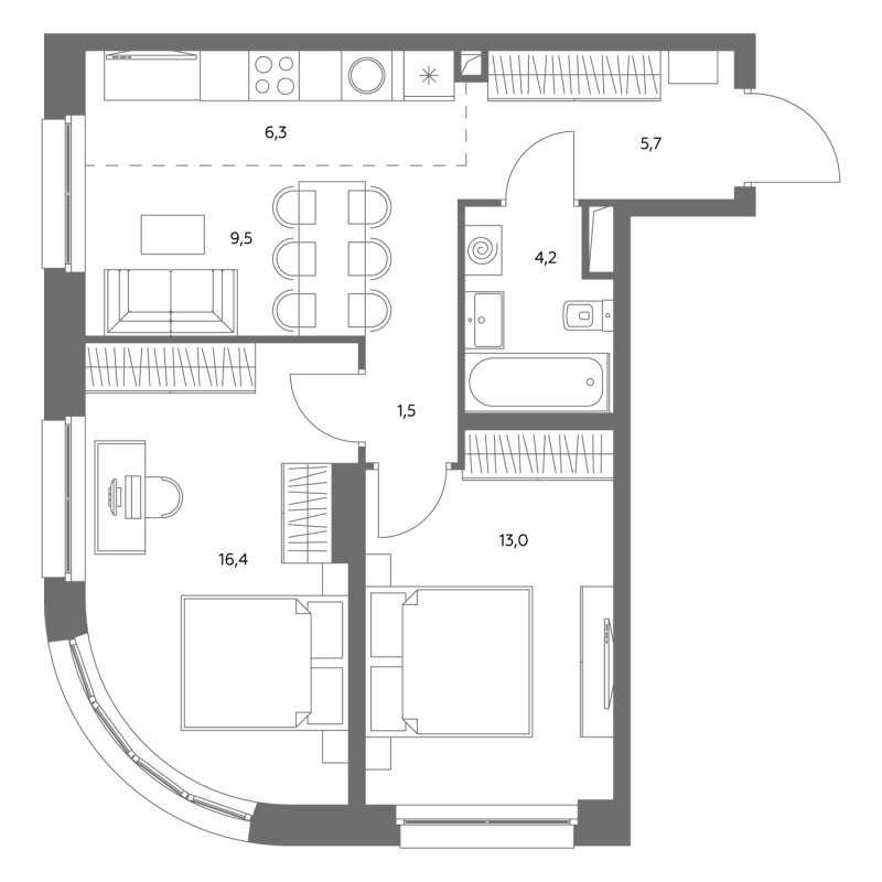 3 ккв (Евро) 57 м²