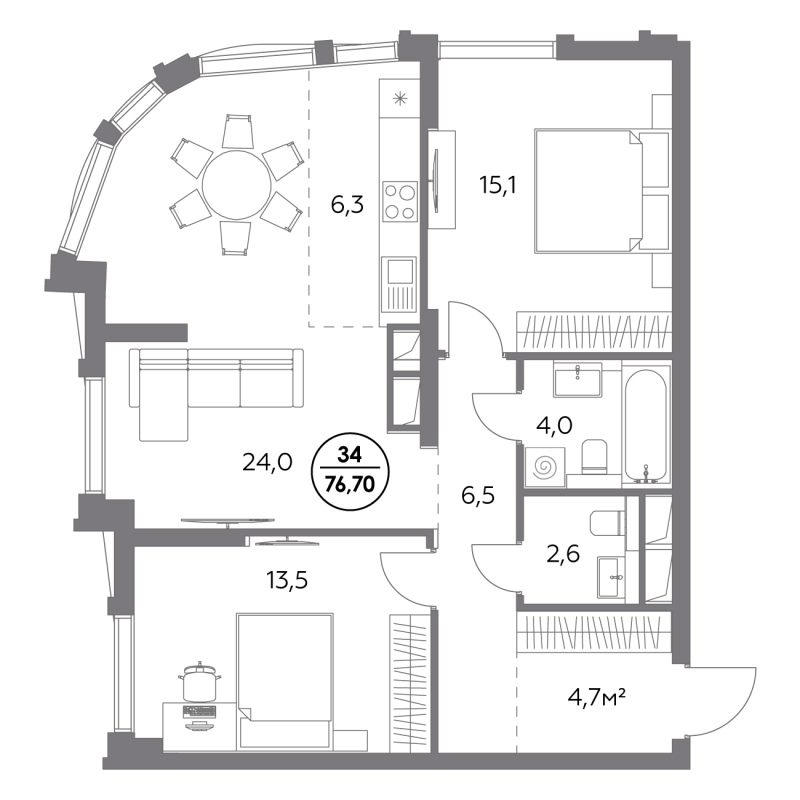 3 ккв (Евро) 76,7 м²