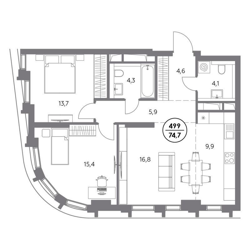 3 ккв (Евро) 74,7 м²