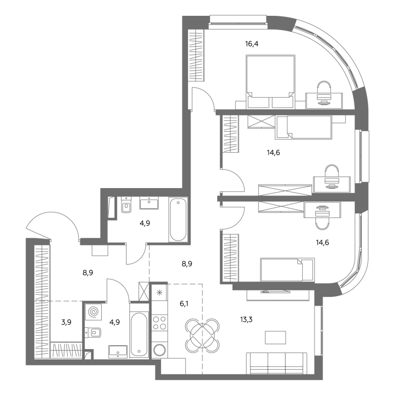4 ккв (Евро) 96,8 м²